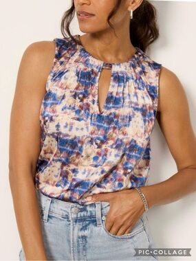 Evereve Kelly Tank Top Satin Keyhole Blue Ivory Watercolor XS Quiet Luxury